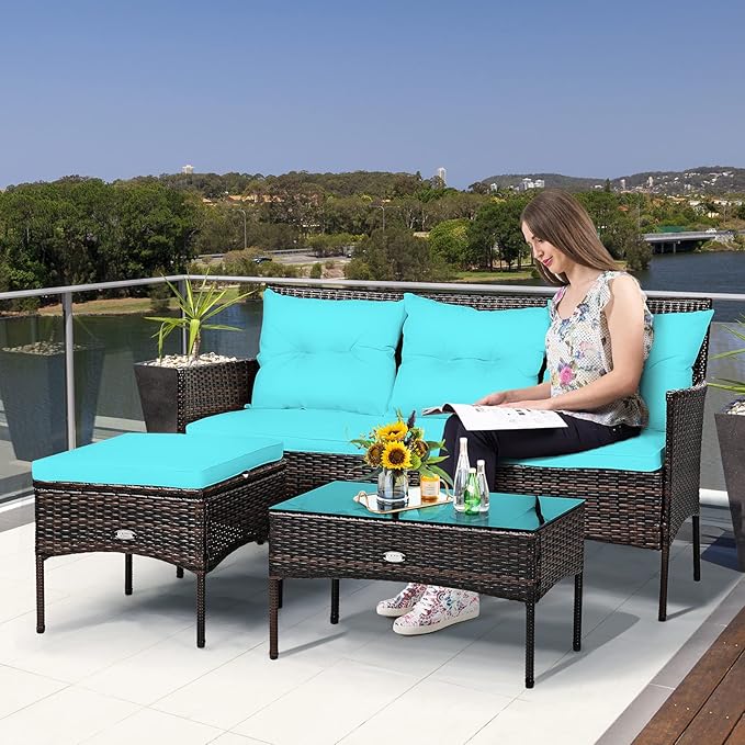 Tangkula 3 Pieces Patio Conversation Set, Outdoor PE Rattan Wicker Furniture Set W/Cozy Cushions - Photo 2