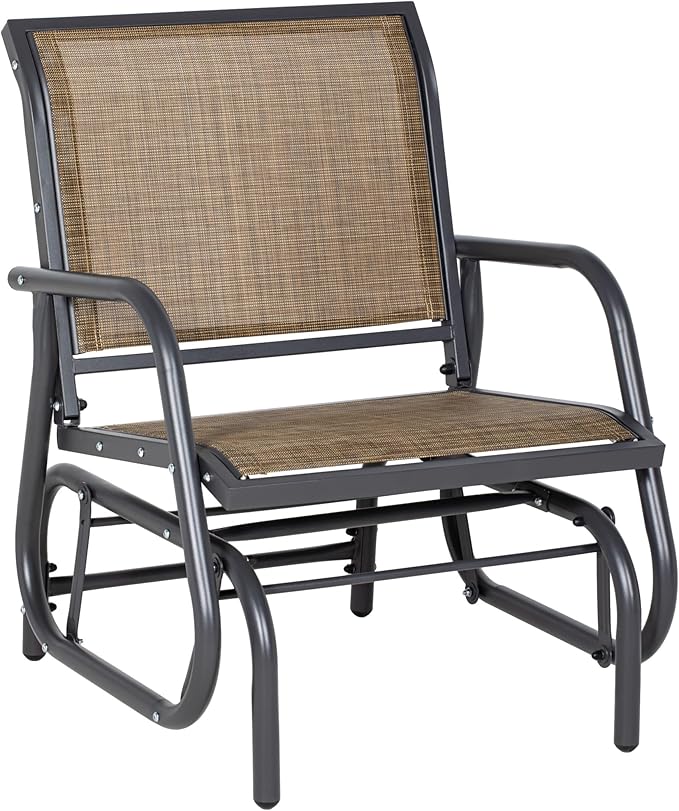 Outsunny Porch Glider, Metal Frame Swing Glider Chair with Breathable Mesh Fabric, Curved Armrests and Steel Frame for Garden, Poolside, Backyard, Balcony, Light Mixed Brown