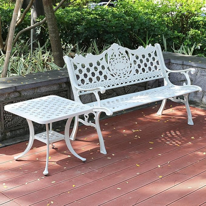 51" Outdoor Bench Garden Bench Cast Aluminum Bench with Floral Back Metal Front Porch Benches for Yard Patio Entryway Park (Pitted White)