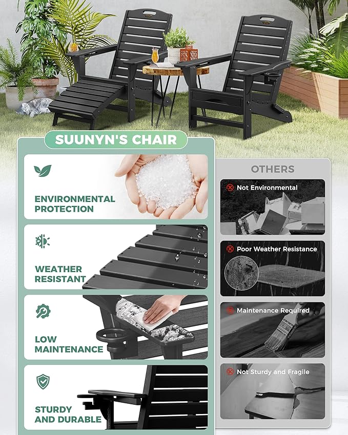Folding Adirondack Chair with Retractable Ottoman Weather Resistant Fire Pit Chair Patio Chair with 2 Cup Holder Lawn - Photo 5