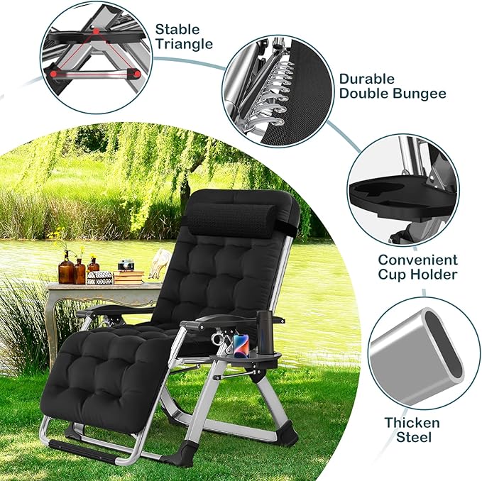 NAIZEA Padded Zero Gravity Chair, Folding Outdoor Lounge Chairs, Adjustable Reclining Camping Chairs with Cup Holder - Photo 6