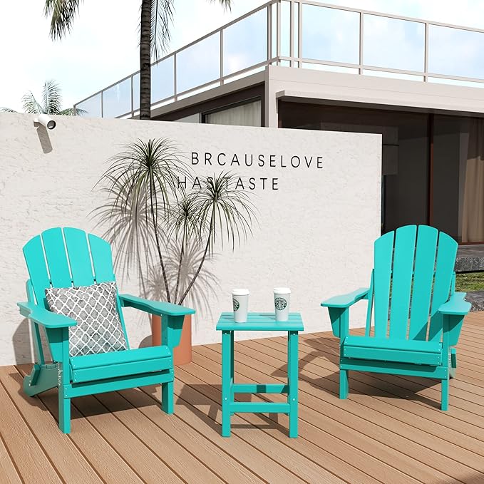 WO WESTIN OUTDOOR HDPE Laguna 3PC Outdoor Poly Adirondack Chair Set with Side Table, Turquoise