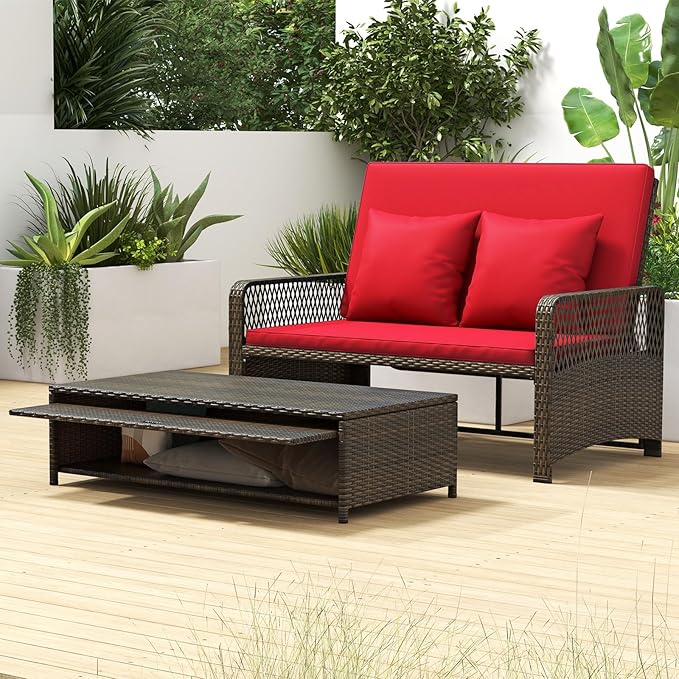 Tangkula Patio Adjustable Wicker Daybed, Rattan Loveseat & Storage Ottoman w/ 4-Level Backrest & Soft Cushions - Photo 5