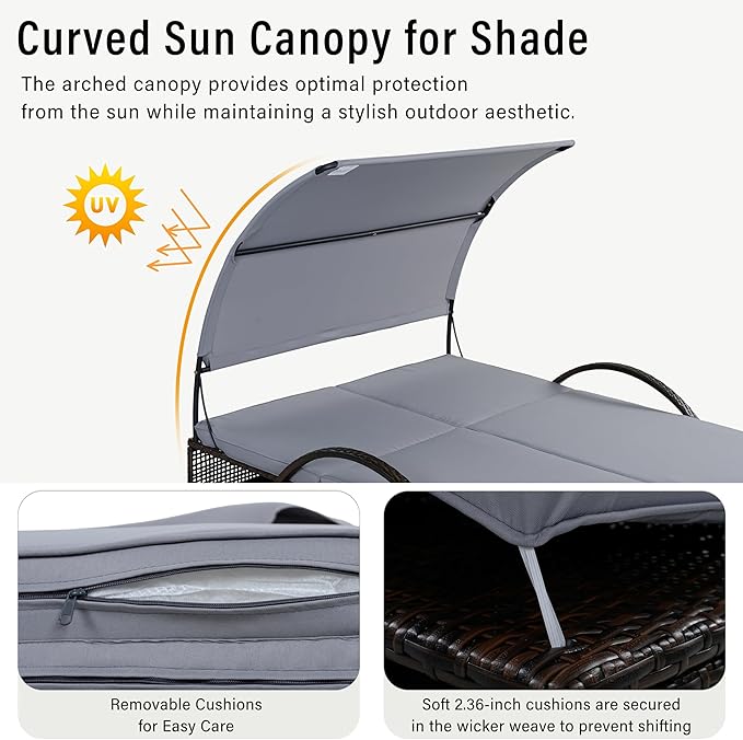 Outdoor Double Chaise Lounge with Adjustable Backrest and Sun Canopy - Photo 5