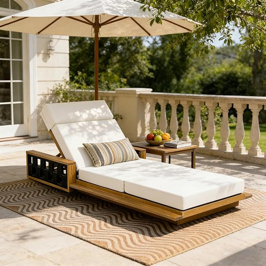 Merax Acacia Wood Patio Chaise Lounge with 4-Position Adjustable Backrest, Outdoor Sunbathing Recliner Chair & 4" Thick Four-fold Cushion for Poolside, Garden, Backyard, Patio, Cream