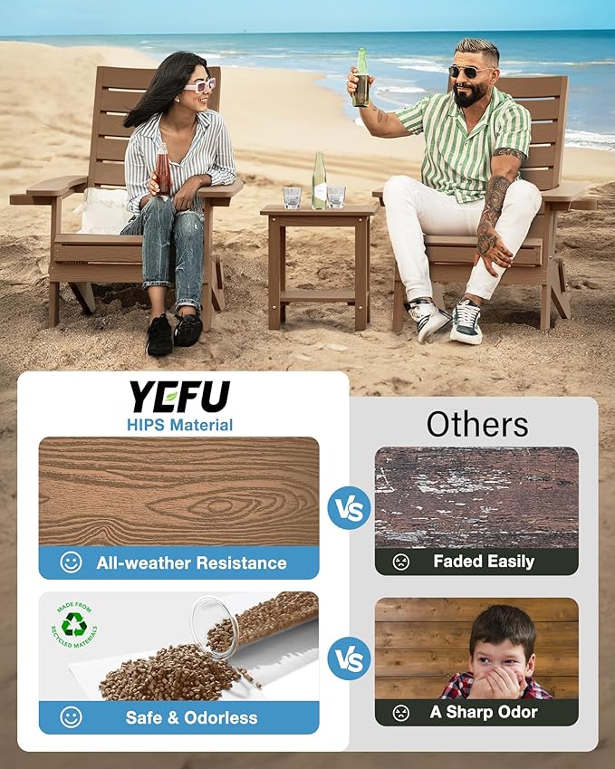 YEFU Folding Adirondack Chairs Set of 4, Oversized Outdoor Patio Chair with Cup Holder & Arc Back, Weather Resistant Plastic Lawn Chair for Garden Backyard Deck Fire Pit, Teak