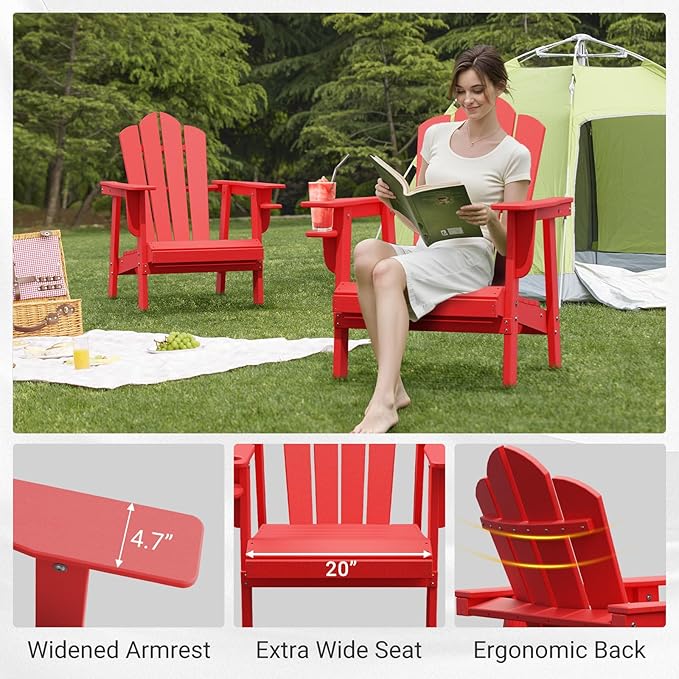 PROHIKER Adirondack Chair Set of 2, HDPE Outdoor Patio Chair with Cup Holder All Weather Outdoor Chairs for Lawn Garden Porch Backyard, Plastic, Red