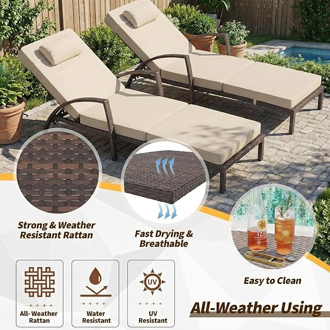 GarveeHome Outdoor Chaise Lounge Set of 2, Weather-Resistant PE Rattan Recliners with 5 Adjustable Positions, Wheels - Photo 5