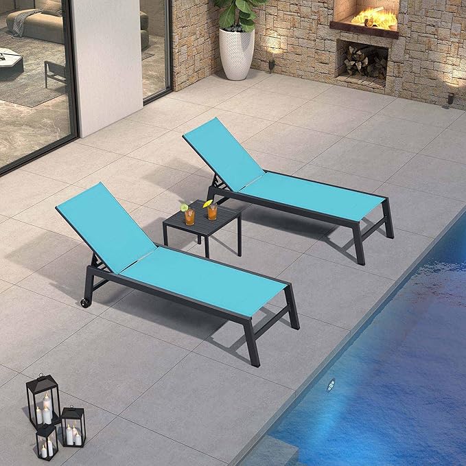 PURPLE LEAF Outdoor Patio Chaise Lounge Set 2 Pieces Pool Lounge Sunbathing Chairs with Wheels Chair for Yard (2 Turquoise Blue Lounges W/Side Table)