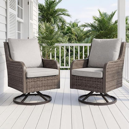 Loungewave Swivel PE Wicker Chair Set of 2, Outdoor High Back Swivel Patio Chairs, 360 Degree Outdoor Swivel Chair with Cushion, Patio Furniture for Porch Balcony Garden Poolside (Brown/Beige)