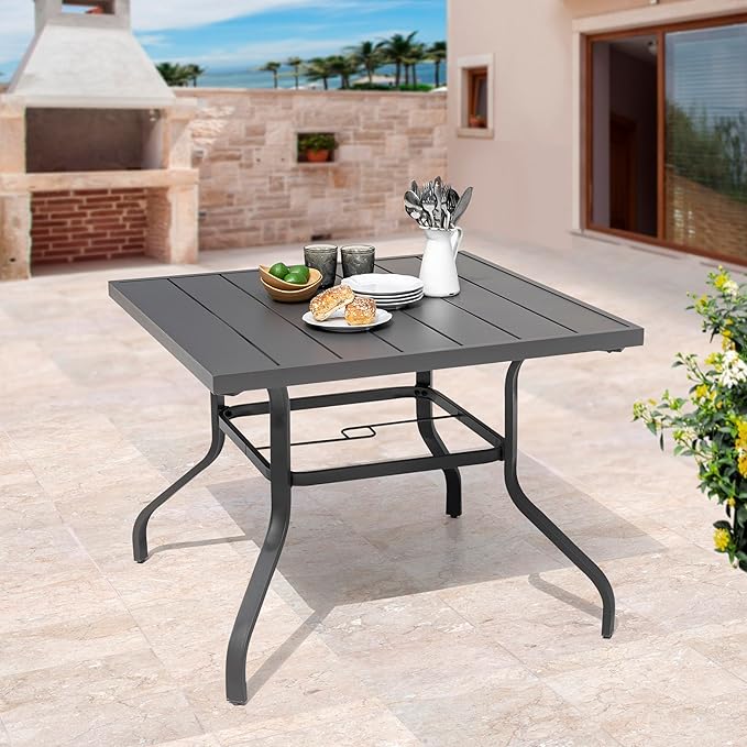 NUU GARDEN 37" Outdoor Patio Table, Square Steel Slat Dining Table for 4 with 1.57" Umbrella Hole, Powder-Coated Iron Frame and Slatted Top for Patio, Garden and Balcony, Gray