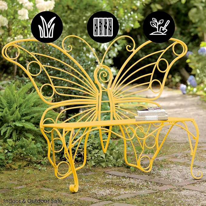 Plow & Hearth Weatherproof Butterfly Outdoor Bench | Holds Up to 300 lbs | Garden Patio Porch Park Deck | Metal | Yellow - Photo 4