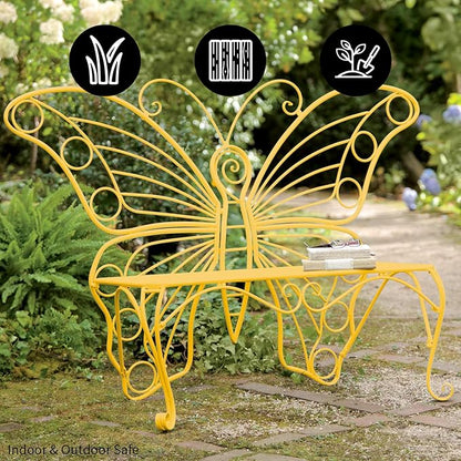 Plow & Hearth Weatherproof Butterfly Outdoor Bench | Holds Up to 300 lbs | Garden Patio Porch Park Deck | Metal | Yellow