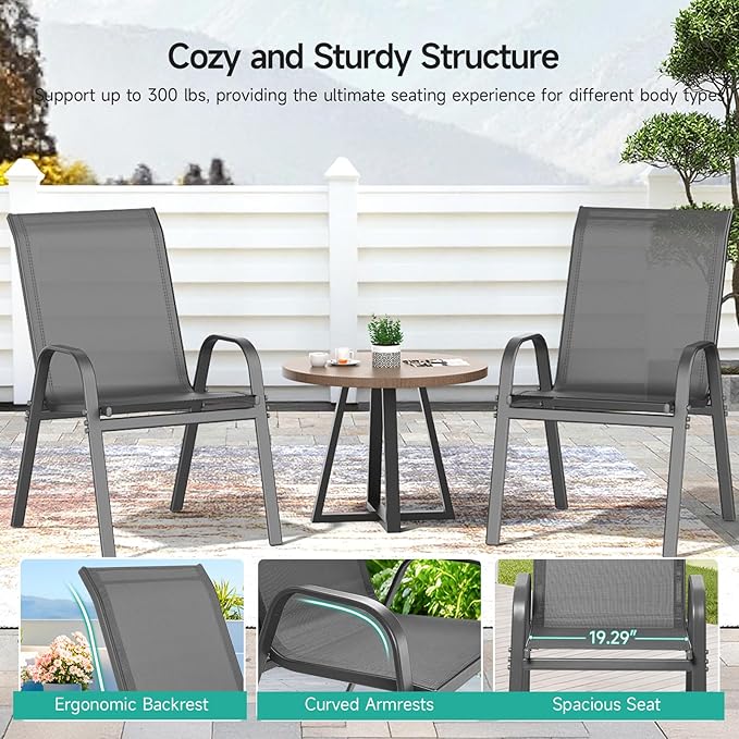 Patio Chairs Set of 6, All Weather Breathable Stackable Outdoor Dining Chairs with High Back and Wide Seat, Easily Set Up Outdoor Chairs Set of 6 with Metal Frame for Backyard Garden Pool, Grey