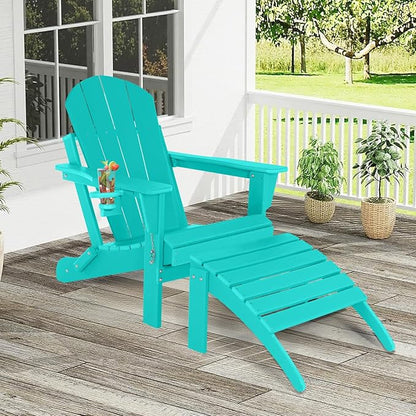 Adirondack Chair with Ottoman | Folding | Outdoor Patio Chair with Removable Footrest | HDPE Plastic All-Weather Resistant | Cup Holder | for Backyard and Garden | Turquoise