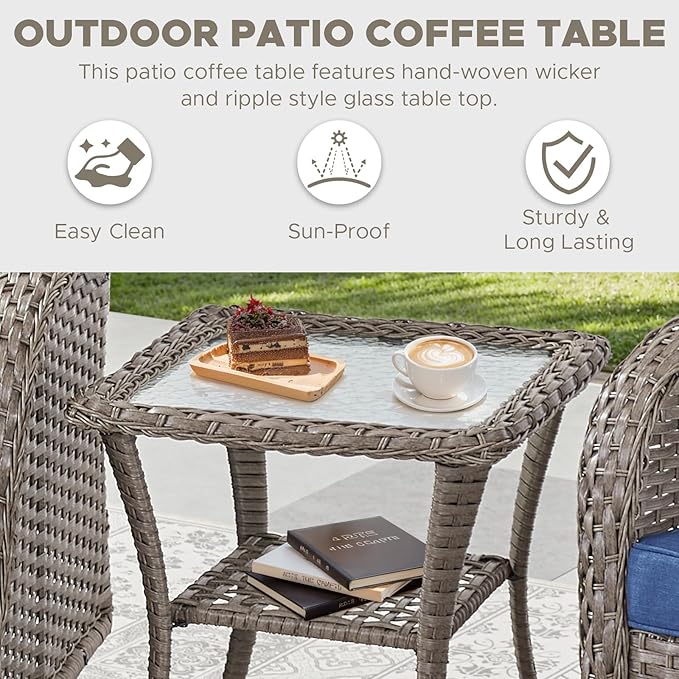 HUMMUH Patio Side Table Outdoor PE Wicker,Rattan End Table Glass Top Coffee Table with Storage Grey