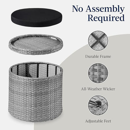 Best Choice Products Round Wicker Ottoman, Multipurpose Outdoor Furniture for Patio, Backyard, Additional Seating, Footrest, Side Table w/Storage, Removable Cushions – Gray/Black