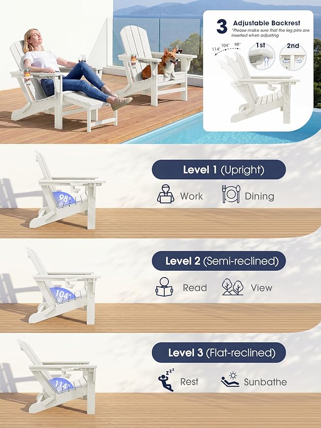 KINGYES Folding Adjustable Adirondack Chair with Ottoman & 2 Cup Holders, HDPE Adirondack Recliner Chair with Footrest, White