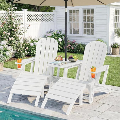 JY QAQA Outdoor Adirondack Chair Set of 2 with Detachable Table & Ottoman, All-Weather HDPE Patio Furniture with Wood Texture & Cup Holder for Patio, Poolside, Garden, White