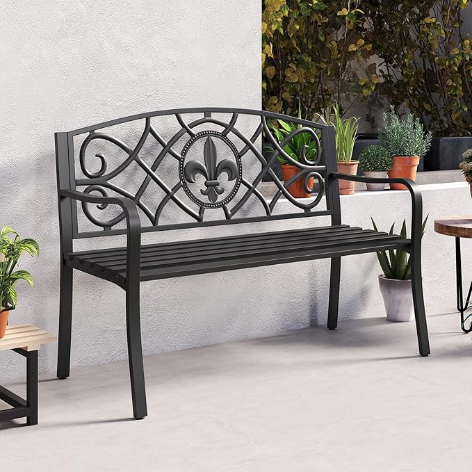 Tangkula Metal Outdoor Garden Park Bench, 50.5 Inch Metal Slatted Loveseat for 2-3 with Cast Iron Floral Backrest, Heavy-Duty Patio Seating Furniture for Backyard, Porch, Balcony
