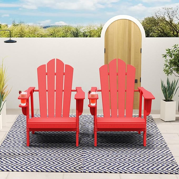 PROHIKER Adirondack Chair Set of 2, HDPE Outdoor Patio Chair with Cup Holder All Weather Outdoor Chairs for Lawn Garden Porch Backyard, Plastic, Red