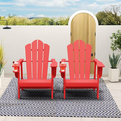 PROHIKER Adirondack Chair Set of 2, HDPE Outdoor Patio Chair with Cup Holder All Weather Outdoor Chairs for Lawn Garden Porch Backyard, Plastic, Red