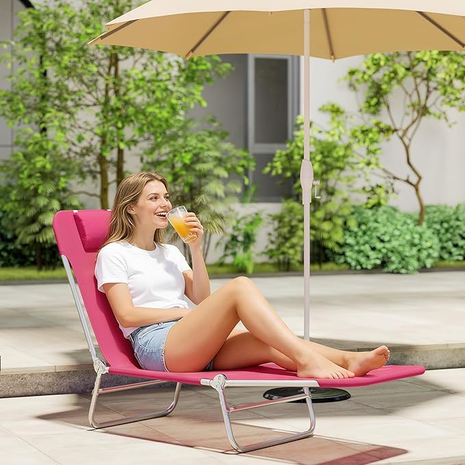 Outsunny Folding Chaise Lounge Chair, Pool Sun Tanning Chair, Outdoor Lounge Chair with Reclining Back, Breathable Mesh Seat, Headrest for Beach, Yard, Patio, Pink