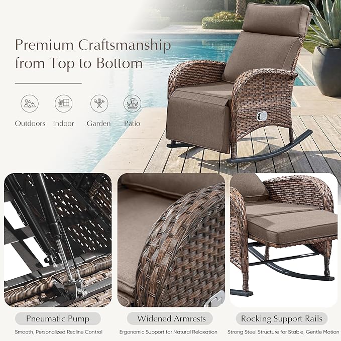 Belord Zero Gravity Patio Swivel Rocking Recliner Chair - Wicker Outdoor Lounge Chair with Adjustable Backrest & Footrest, All Weather Reclining Rocker Chairs with Thick Cushion for Pool Deck Grey