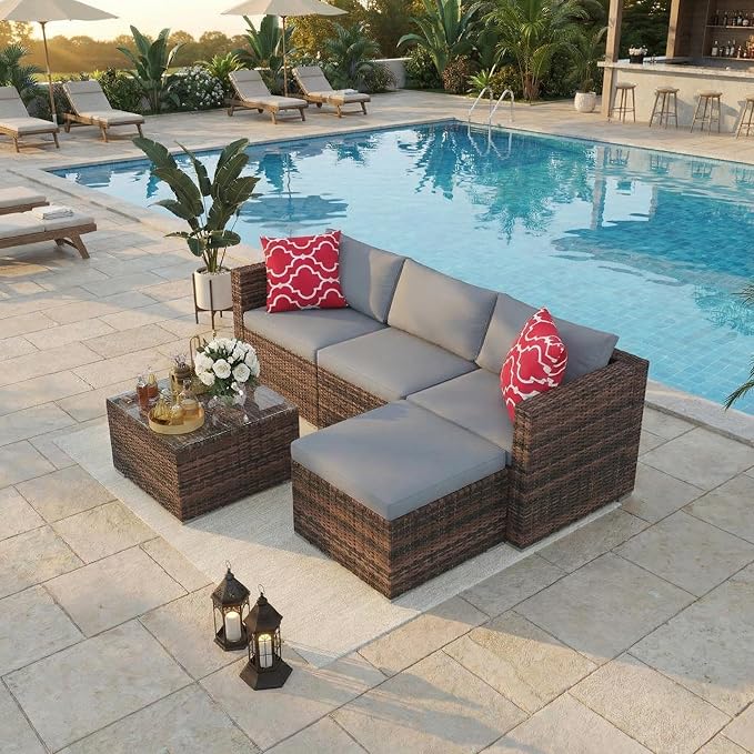 5-Piece Patio Sectional Sofa Set, All-Weather Brown PE Rattan Outdoor Conversation Furniture with Neutral-Tone Cushions - Photo 6