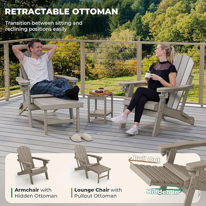 BRIOPAWS Adirondack-Chairs-with-Pull-Out-Footrest | Set of 6 | Folding | HDPE Plastic | Fire Pit Chair | All Weather | Cup Holders | Curved Back | Retractable Ottoman | for Poolside Deck | Light Brown