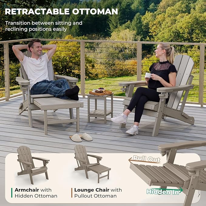 BRIOPAWS Adirondack-Chairs-with-Pull-Out-Footrest | Set of 4 | Folding | HDPE Plastic | Fire Pit Chair | All Weather | Cup Holders | Curved Back | Retractable Ottoman | for Poolside Deck | Light Brown