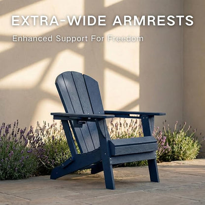 Kingdura Folding Adirondack Chairs Set of 2, Portable HDPE Outdoor Patio Chair with Wooden Textured & Cup Holder, Weather Resistant, 380LBS Capacity for Pool, Backyard, Balcony, Fire Pit (Navy Blue)