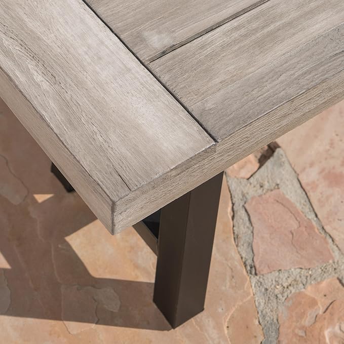 roomfitters Outdoor Dining Bench, Acacia Wood with Black Rustic Metal Finish Frame, Durable Bench for Garden, Porch, and Backyard, Light Grey