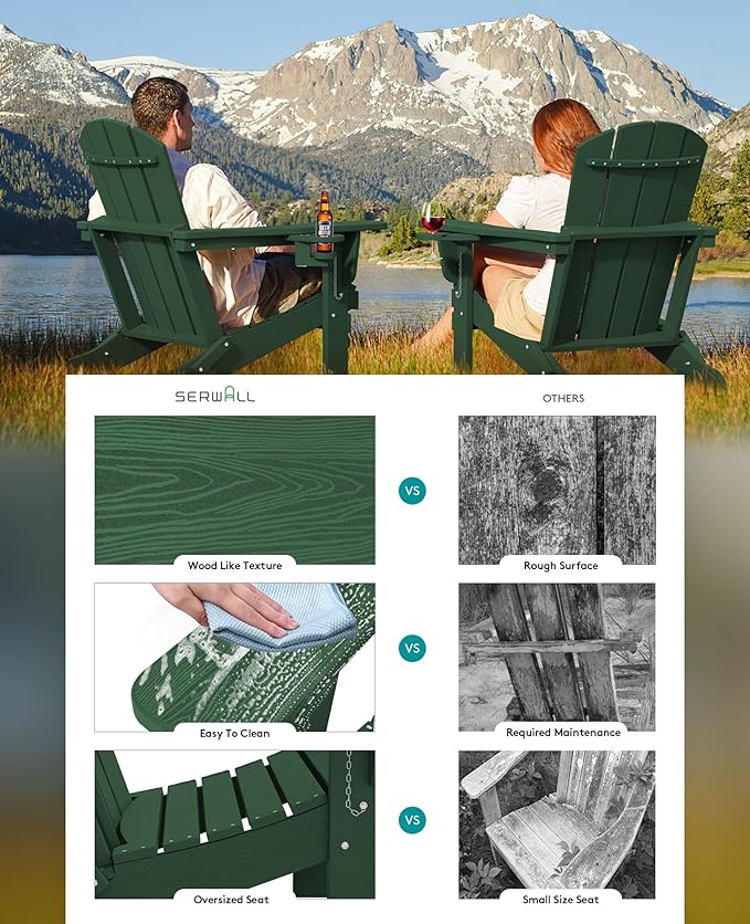 SERWALL Adirondack Chair with Cup Holders - Composite Adirondack Chairs HDPE Outdoor Chairs All Weather Use- Green - Photo 5