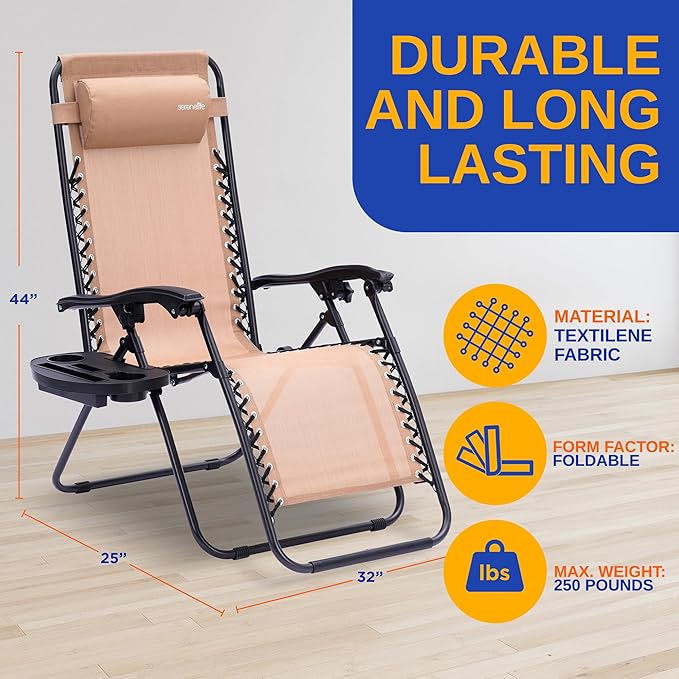 SereneLife Zero Gravity Outdoor Lounge Chairs 2 Pack – Folding Recliners with Side Table, Cup Holder & Padded Headrest – Adjustable Patio Chairs for Lawn, Garden, Deck, Camping (Cream)