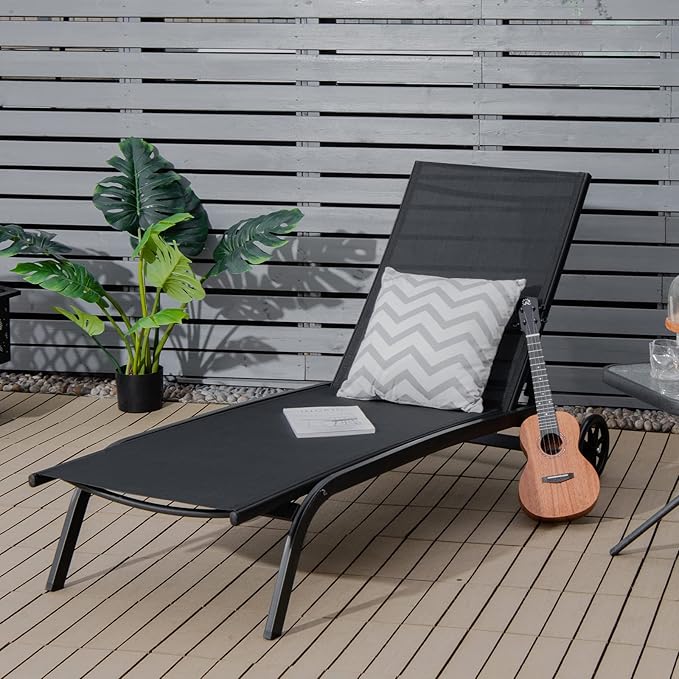 Giantex Patio Lounge Chairs for Pool Area, Outdoor Chaise Lounger with 6 Adjustable Position Smooth Wheels and Quick-Drying Fabric, Lawn Recliner for Backyard, Garden Sunbathing Chair (2, Black)
