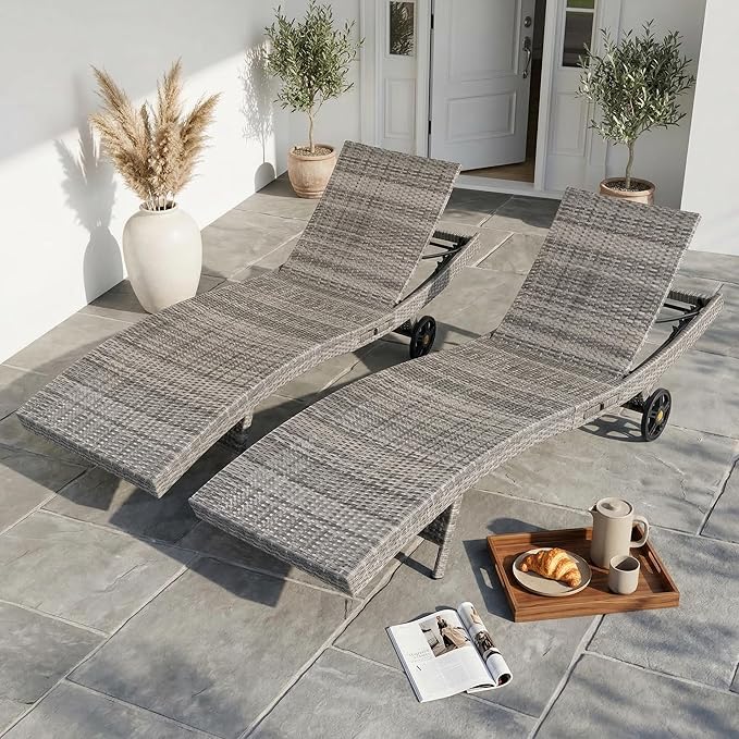 OVENTA Outdoor Wicker Patio Chaise Lounge Chair with Wheels Set of 6, Gray Rattan Pool Furniture Lounger for Outside Poolside Lounges, Jumbo Co Chaise Lounge Chairs, Wicker Patio Pool Furniture