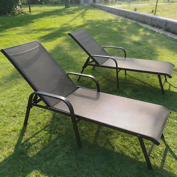Crestlive Products Chaise Lounge Chair Outdoor with Armrests, Pool Lounge Chairs Set of 2, Aluminum Adjustable 5 Positions Sun Tanning Lounger for Patio, Poolside, Yard, Deck, Backyard (Brown)