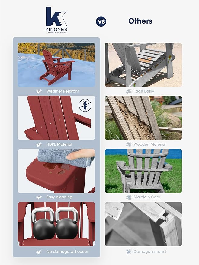 KINGYES Folding Adirondack Chair with Dual Cup Holders - HDPE All-Weather Outdoor Chairs, Wood-Like Patio Chair for Backyard, Camping, Pool & Fire Pit, Dark Red