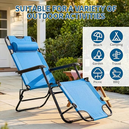 Outvita Folding Chaise Lounge Chair, Outdoor Adjustable Recliner Chair with Pillow for Camping, Beach, Poolside, Garden, Backyard, Lawn