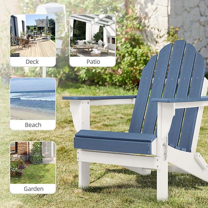 Aoodor HDPE Outdoor All-Weather Folding Adirondack Chair for Patio, Garden, Backyard, Lawn, Fire Pit, Set of 2, Navy Blue