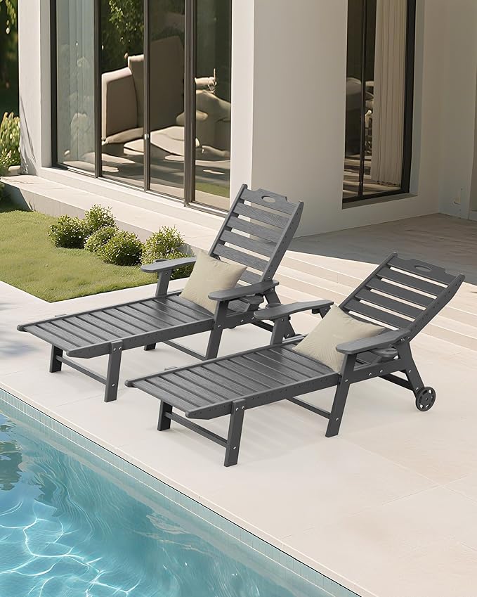 Carauci Lounge Chair Outdoor Set of 2, HDPE Chaise Lounge with Wheels - Photo 9