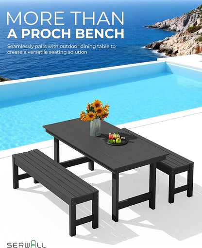 SERWALL 47 Inches Outdoor Bench, All Weather HDPE Backless Bench with Wood Grain Texture for Garden Porch and Park, Curved Bench Seat for Comfort, Black