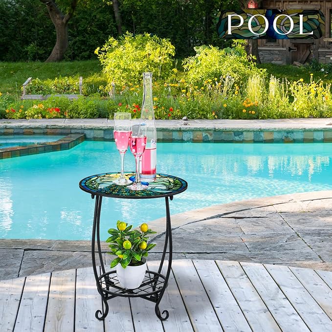 Outdoor Side Table Round Small Mosaic Patio Accent Indoor End Plant Coffee Tea Table for Yard Patio Porch Garden Living Room, Bedroom(Peacock Style,16 Inch)