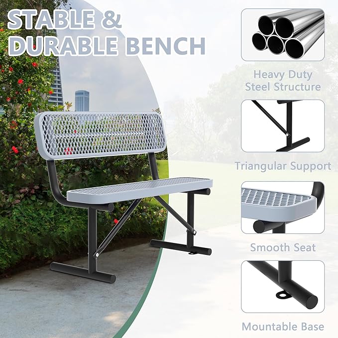 48" Metal Park Benches for Outside - Gray Outdoor Benches Heavy Duty Garden Weatherproof Bench with Backrest, Buddy Bench for Schools,Commercial Benches for Shopping Mall, Store, Yard, Patio