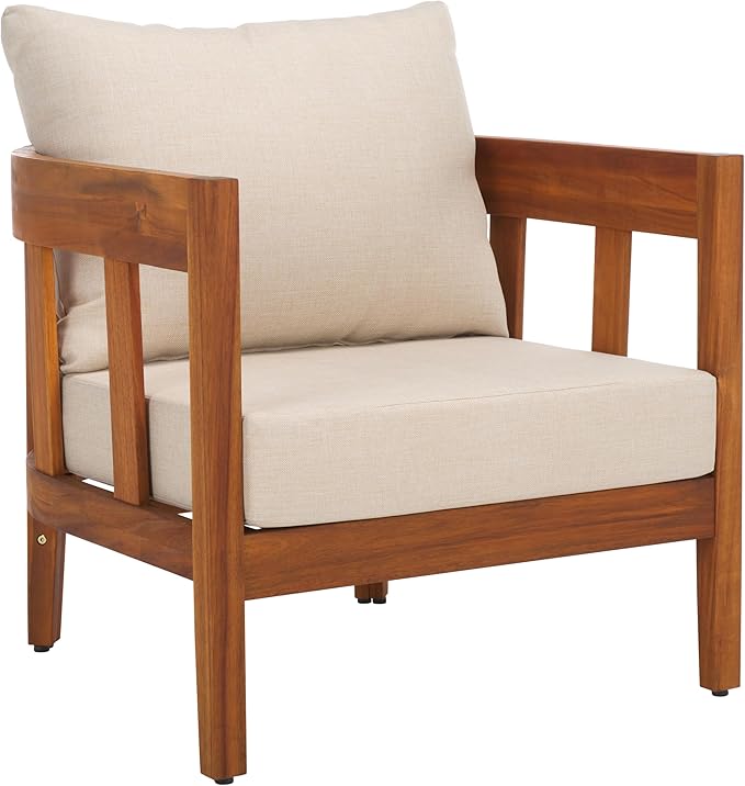 SAFAVIEH Outdoor Collection Owen Natural Brown/Taupe Cushion Solid Wood Chair Set of 2 - Photo 3