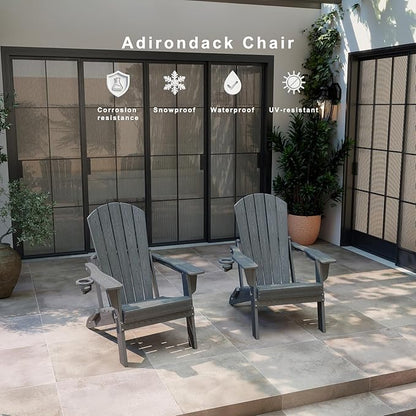 Folding Adirondack Chair Set of 6, HDPE Outdoor Patio Chair with Cup Holder, All Weather Plastic Lawn Chair with Wide Armrests, Portable Patio Chair for Backyard Deck Garden Fire Pit Poolside, Grey