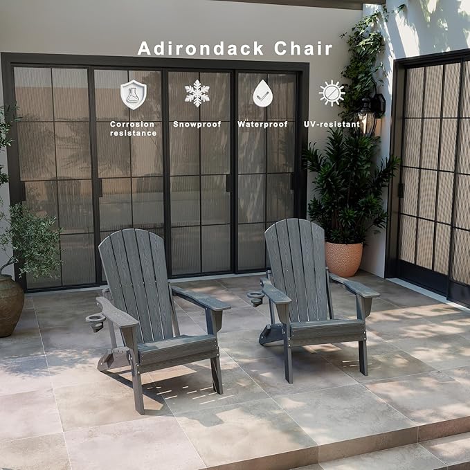 Folding Adirondack Chair, HDPE Outdoor Patio Chair with Cup Holder, All Weather Plastic Lawn Chair with Wide Armrests, Portable Patio Chair for Backyard Deck Garden Fire Pit Poolside, Grey