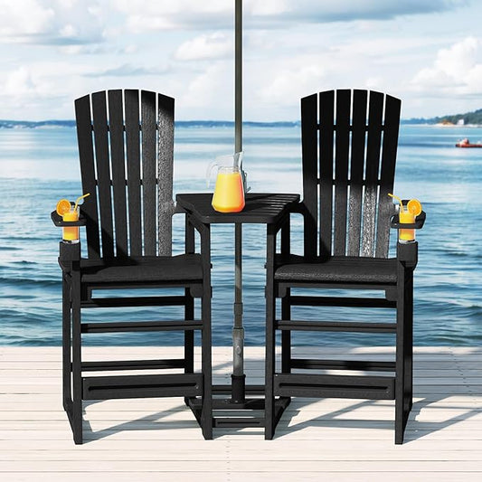 WestinTrends Azura Outdoor Tall Adirondack Chairs with Connecting Table Tray (Set of 2), Black