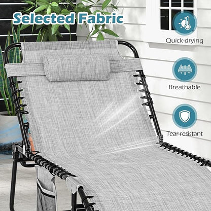 Giantex Lounge Chair Outdoor, Folding Tanning Chair with 4 Adjustable Positions, Removable Headrest, Footrest, Side Pocket, Load 440 Lbs, Portable Recliner for Lawn, Yard, Beach, Sunbathing (1, Grey)